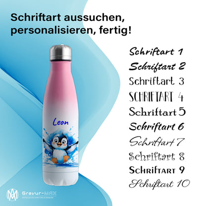 Trinkflasche in Weiß/Pink 500ml aus Edelstahl bedruckt mit niedlichen Tieren "Pinguin" personalisierbar für Kinder mit Wunschname