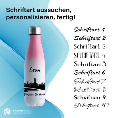 Trinkflasche in Weiß/Pink 500ml aus Edelstahl bedruckt mit der Skyline von Bergisch Gladbach personalisierbar mit Wunschname