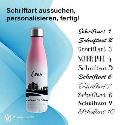Trinkflasche in Weiß/Pink 500ml aus Edelstahl bedruckt mit der Skyline von Timmendorfer Strand personalisierbar mit Wunschname