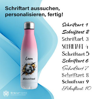 Thermoflasche 500ml in Weiß/Pink aus Edelstahl bedruckt "Fußball" Motiv13 personalisierbar mit Wunschname & Text
