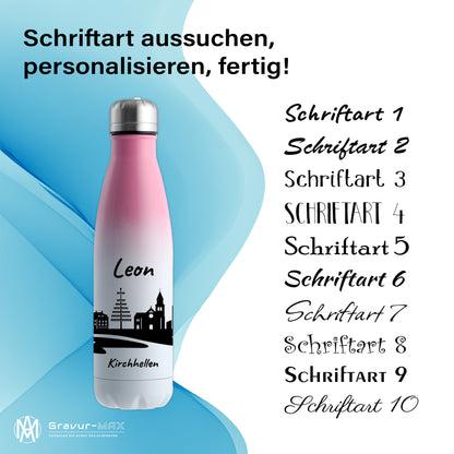Trinkflasche in Weiß/Pink 500ml aus Edelstahl bedruckt mit der Skyline von Kirchhellen personalisierbar mit Wunschname
