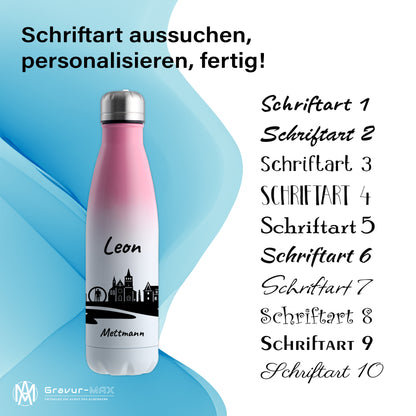 Trinkflasche in Weiß/Pink 500ml aus Edelstahl bedruckt mit der Skyline von Mettmann personalisierbar mit Wunschname