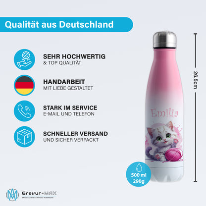 Trinkflasche in Weiß/Pink 500ml aus Edelstahl bedruckt mit niedlichen Tieren "Katze" personalisierbar für Kinder mit Wunschname