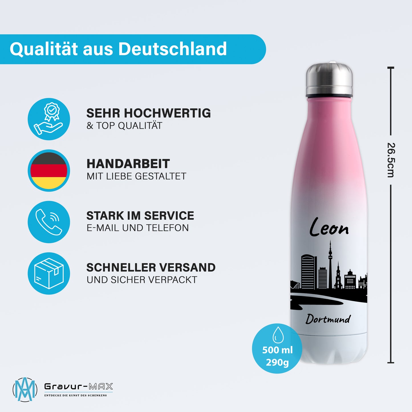 Trinkflasche in Weiß/Pink 500ml aus Edelstahl bedruckt mit der Skyline von Dortmund personalisierbar mit Wunschname