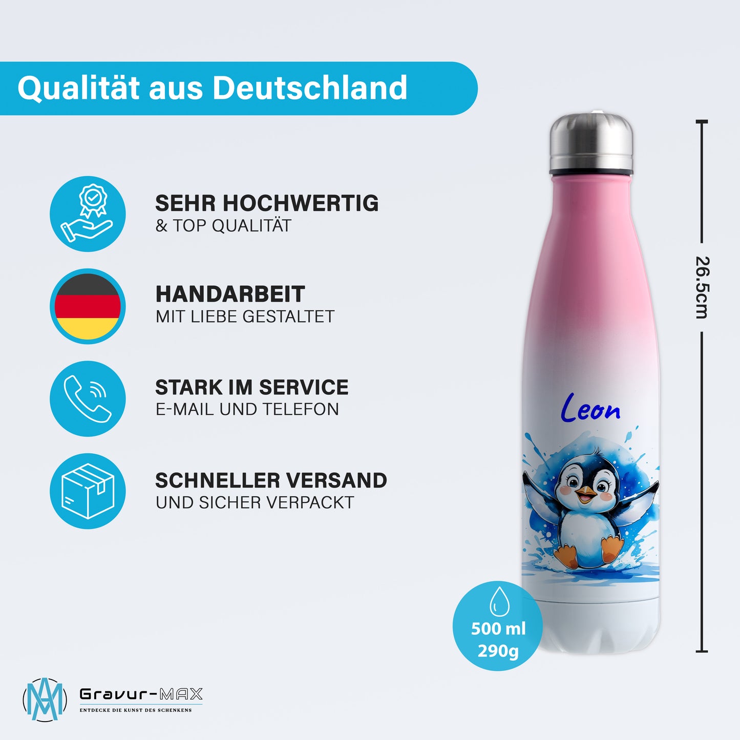 Trinkflasche in Weiß/Pink 500ml aus Edelstahl bedruckt mit niedlichen Tieren "Pinguin" personalisierbar für Kinder mit Wunschname
