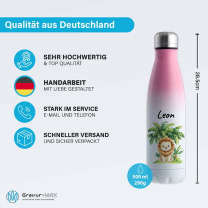 Trinkflasche mit Farbverlauf in Weiß/Pink 500ml aus Edelstahl bedruckt mit Dschungel Tieren"Löwe" personalisierbar für Kinder mit Wunschname