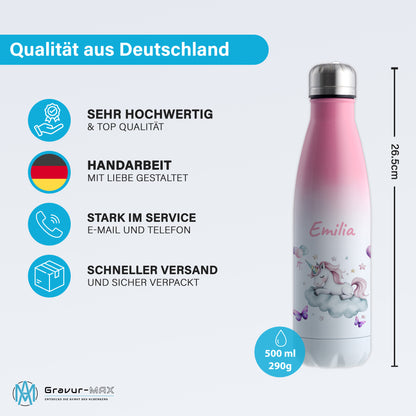 Thermoflasche 500ml in Weiß/Pink bedruckt mit tollen Motiven für Kinder "Einhorn Wolke" personalisierbar mit Wunschname