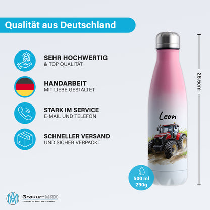 Thermoflasche 500ml in Weiß/Pink bedruckt mit tollen Motiven für Kinder "Traktor" personalisierbar mit Wunschname