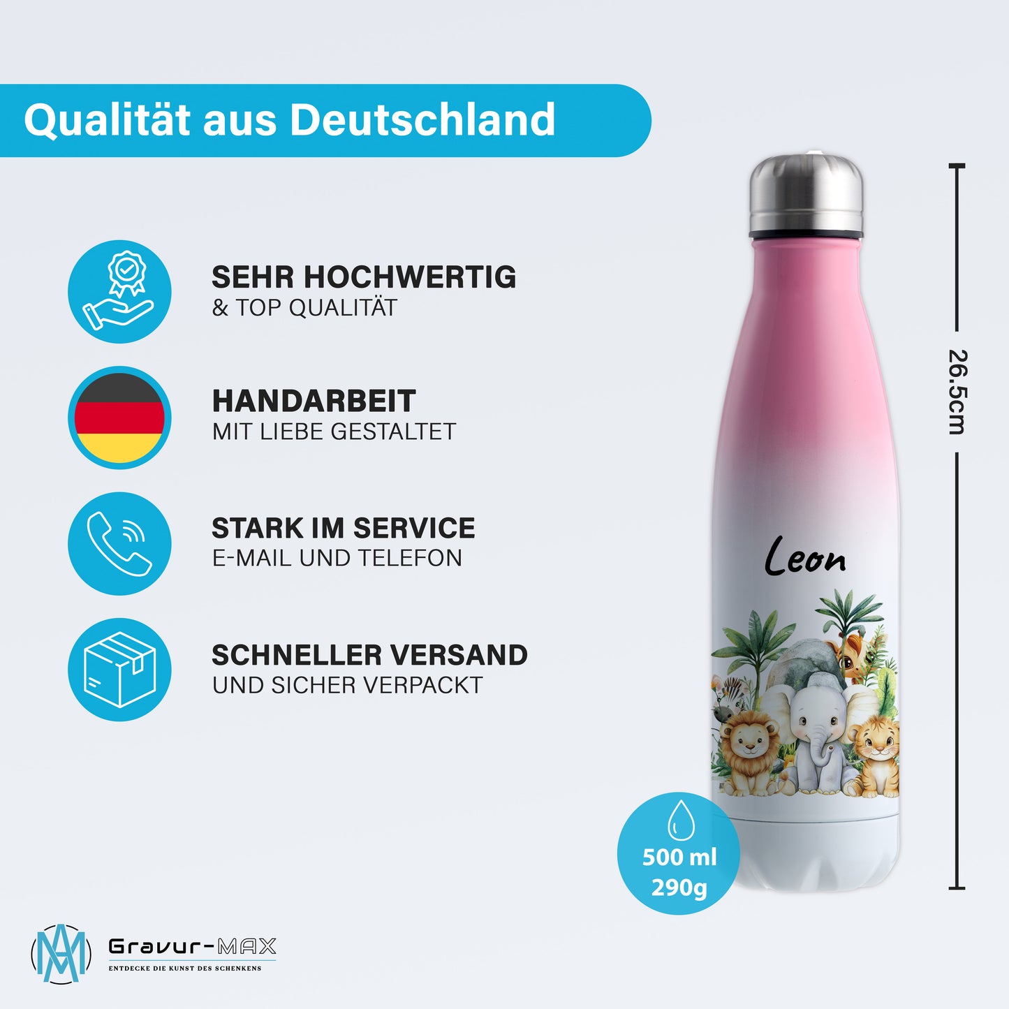 Trinkflasche mit Farbverlauf in Weiß/Pink 500ml aus Edelstahl bedruckt mit Dschungel Tieren"Dschungel Tiere" personalisierbar für Kinder mit Wunschname