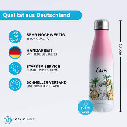 Trinkflasche mit Farbverlauf in Weiß/Pink 500ml aus Edelstahl bedruckt mit Dschungel Tieren"Dschungel Tiere" personalisierbar für Kinder mit Wunschname