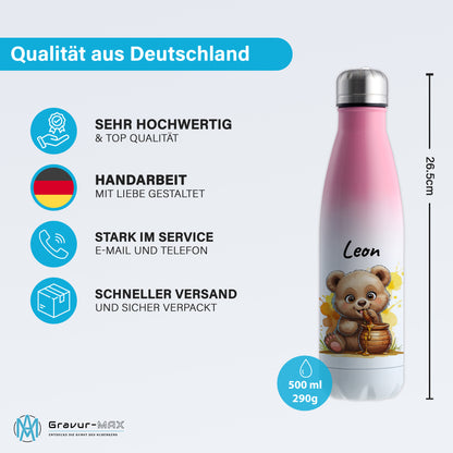Trinkflasche in Weiß/Pink 500ml aus Edelstahl bedruckt mit niedlichen Tieren "Bär" personalisierbar für Kinder mit Wunschname