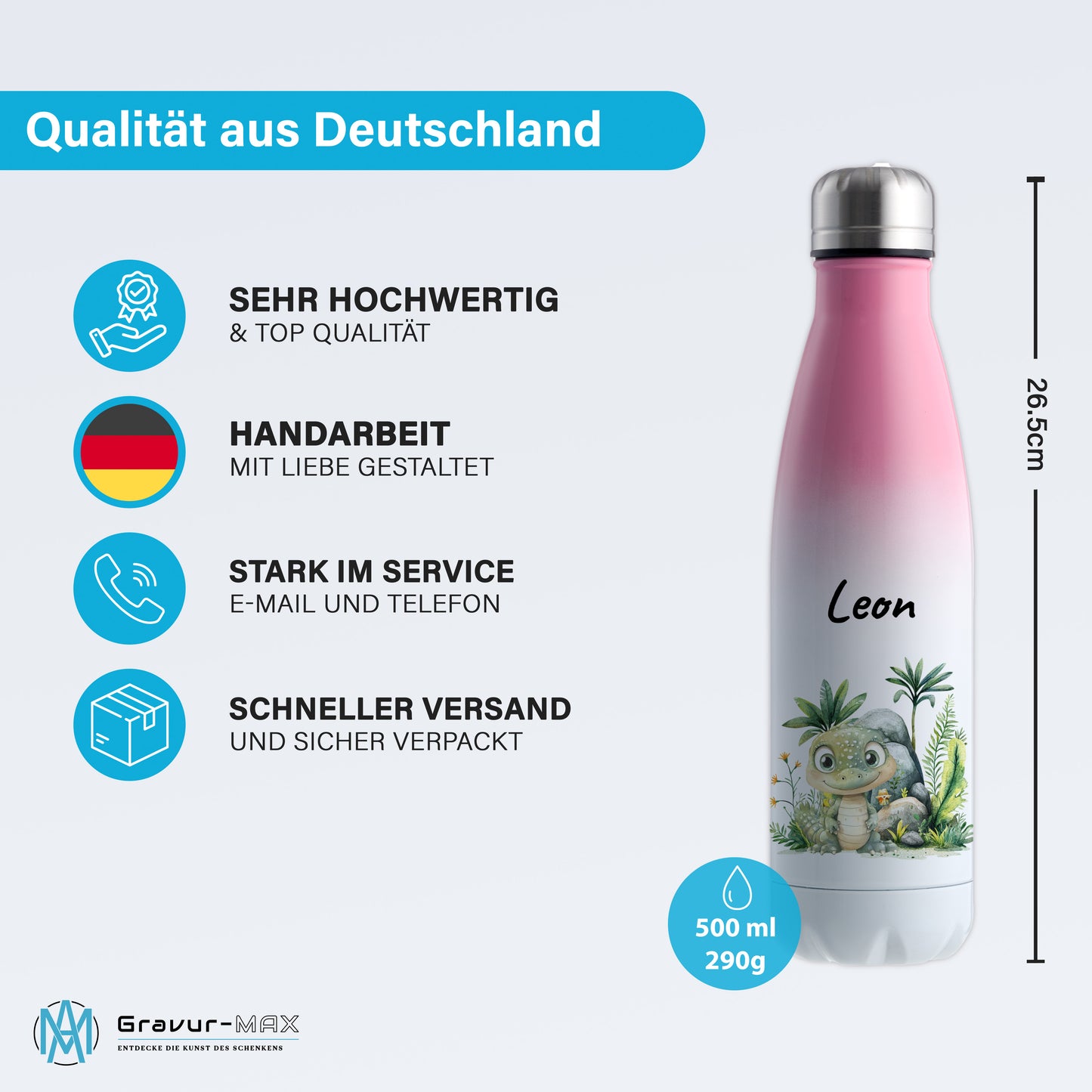 Trinkflasche mit Farbverlauf in Weiß/Pink 500ml aus Edelstahl bedruckt mit Dschungel Tieren"Krokodil" personalisierbar für Kinder mit Wunschname