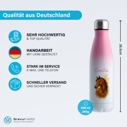 Thermoflasche 500ml in Weiß/Pink bedruckt mit tollen Motiven für Kinder "Pferd" personalisierbar mit Wunschname