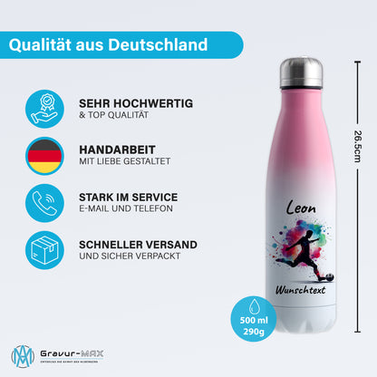 Thermoflasche 500ml in Weiß/Pink aus Edelstahl bedruckt "Fußball" Motiv4 personalisierbar mit Wunschname & Text