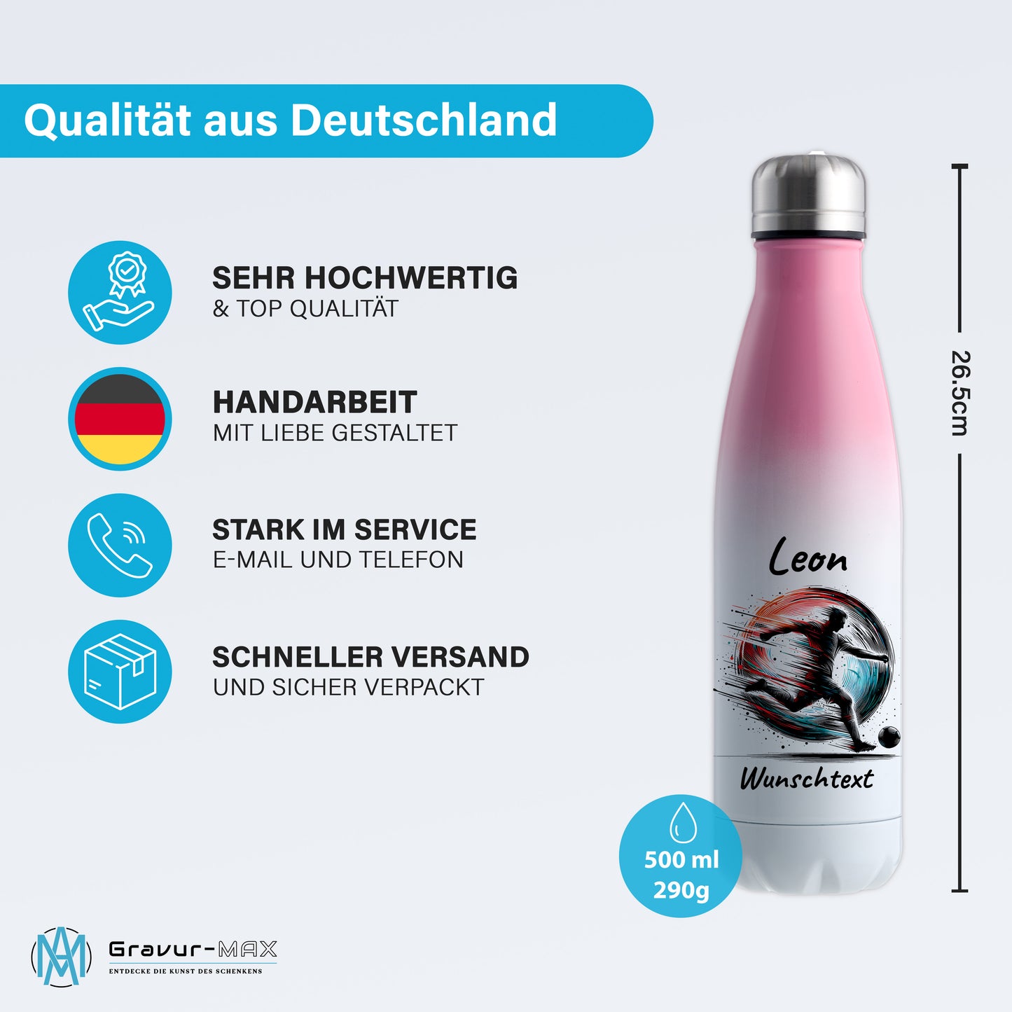 Thermoflasche 500ml in Weiß/Pink aus Edelstahl bedruckt "Fußball" Motiv3 personalisierbar mit Wunschname & Text