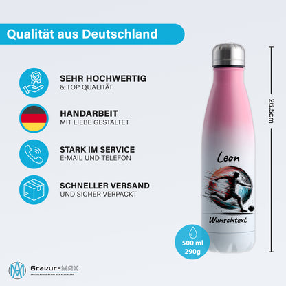 Thermoflasche 500ml in Weiß/Pink aus Edelstahl bedruckt "Fußball" Motiv3 personalisierbar mit Wunschname & Text