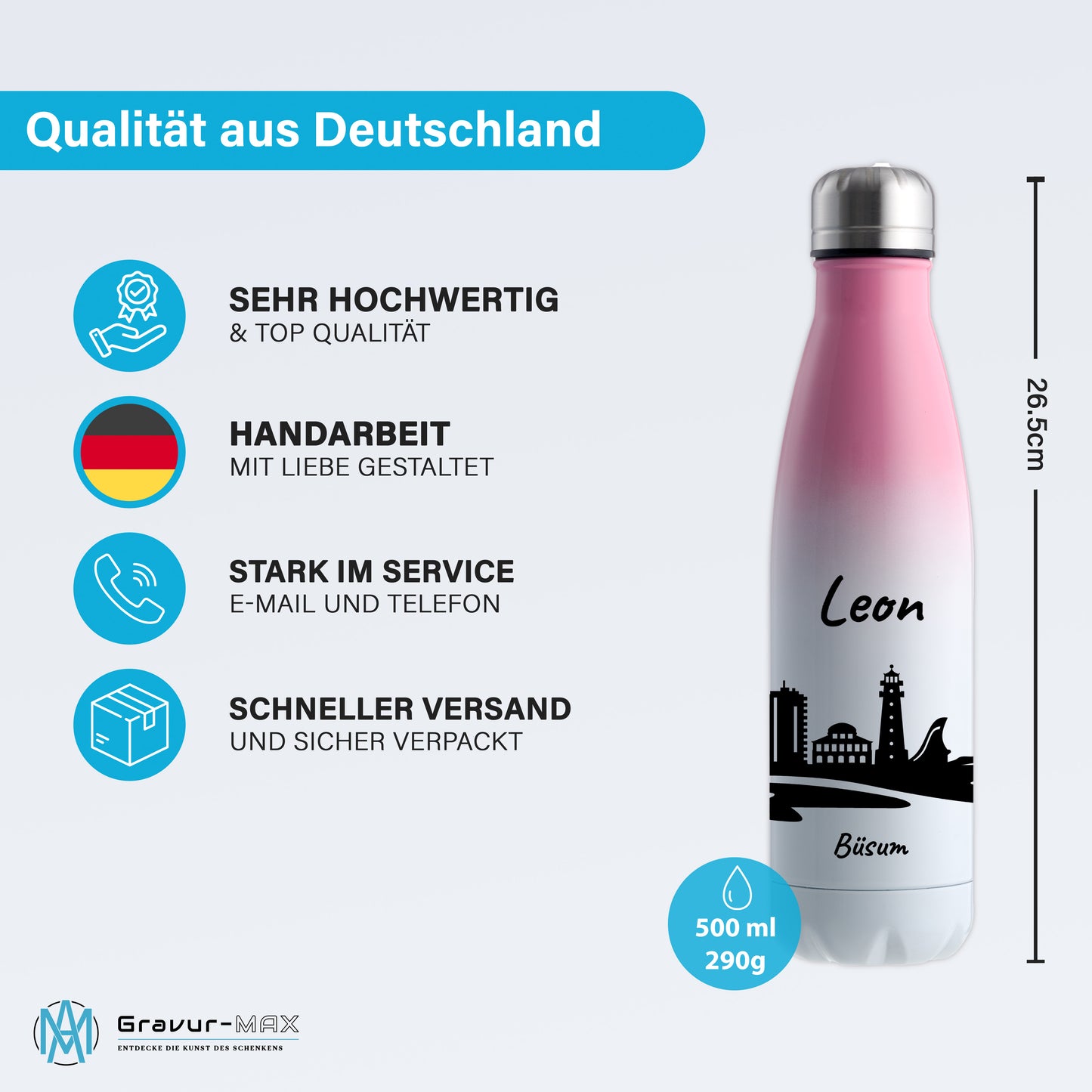 Trinkflasche in Weiß/Pink 500ml aus Edelstahl bedruckt mit der Skyline von Büsum personalisierbar mit Wunschname