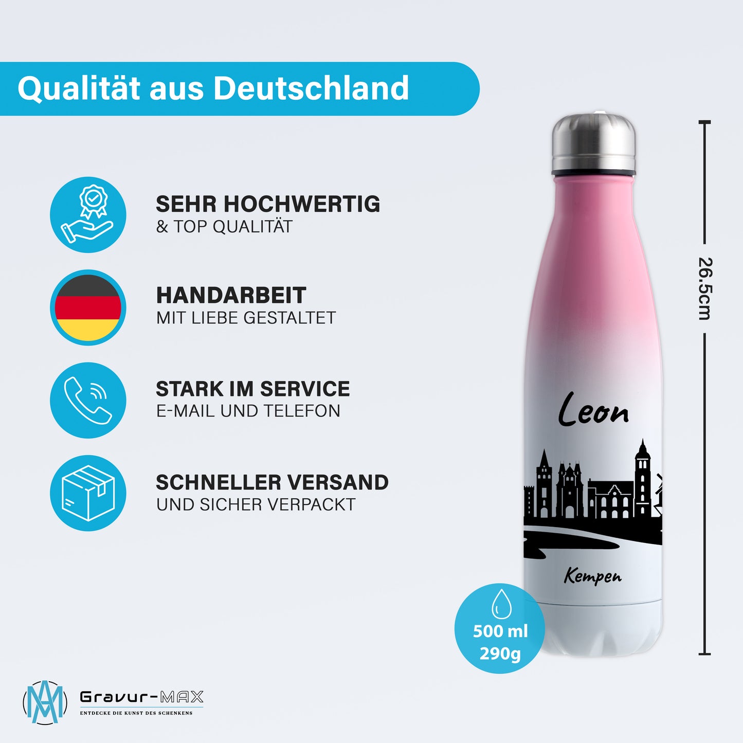 Trinkflasche in Weiß/Pink 500ml aus Edelstahl bedruckt mit der Skyline von Kempen personalisierbar mit Wunschname