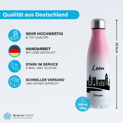 Trinkflasche in Weiß/Pink 500ml aus Edelstahl bedruckt mit der Skyline von Kempen personalisierbar mit Wunschname