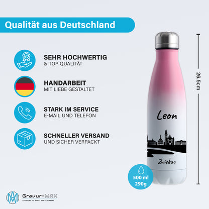 Trinkflasche in Weiß/Pink 500ml aus Edelstahl bedruckt mit der Skyline von Zwickau personalisierbar mit Wunschname