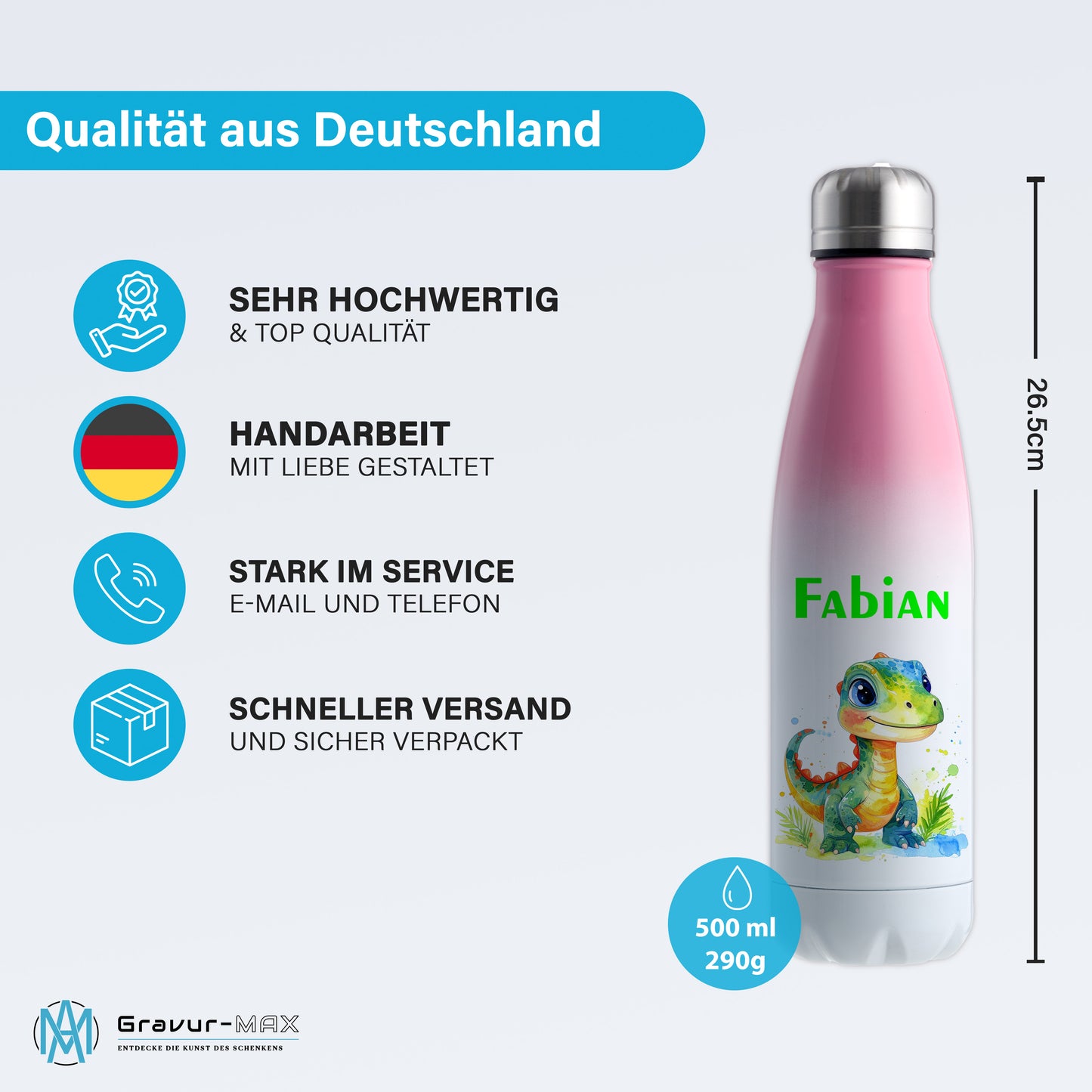 Thermoflasche 500ml in Weiß/Pink bedruckt mit tollen Motiven für Kinder "Dino Kinder" personalisierbar mit Wunschname