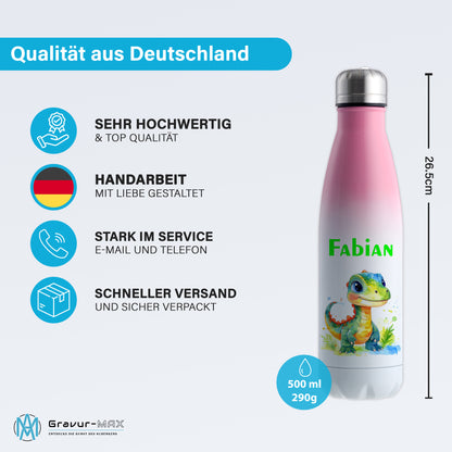 Thermoflasche 500ml in Weiß/Pink bedruckt mit tollen Motiven für Kinder "Dino Kinder" personalisierbar mit Wunschname