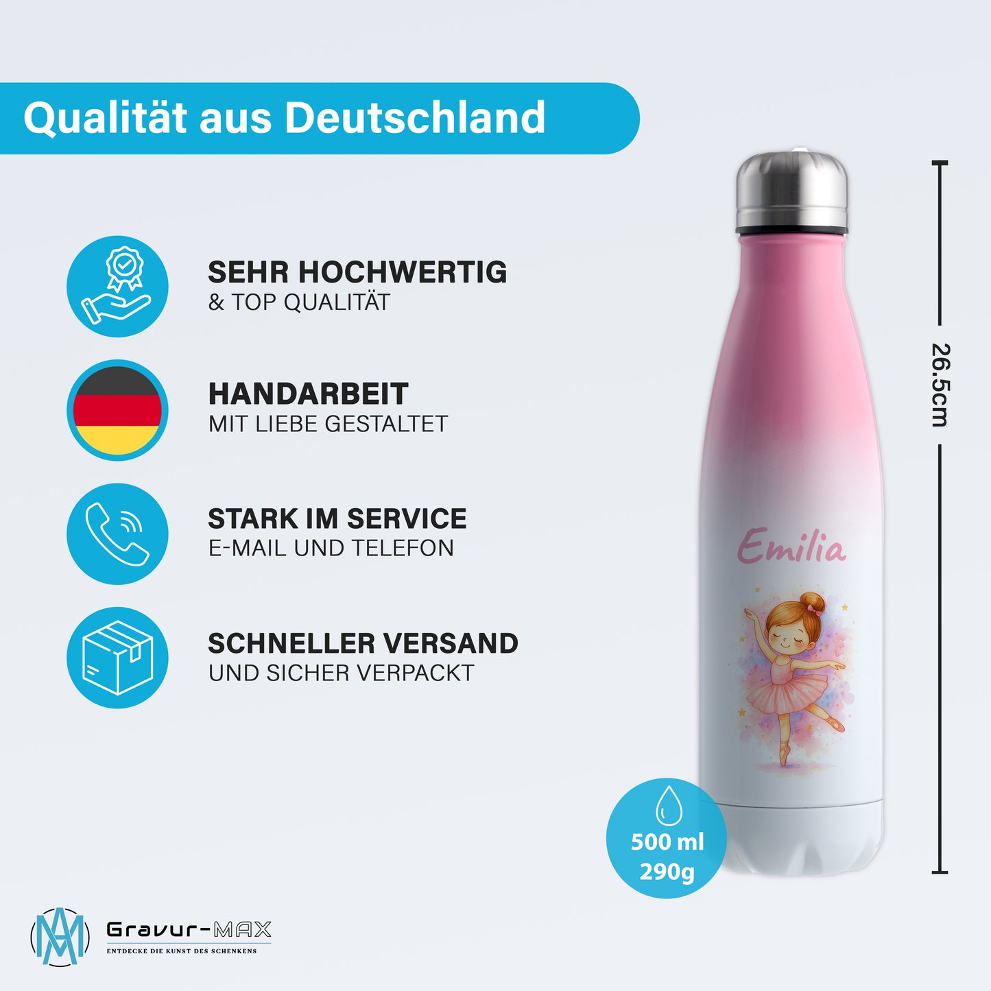 Thermoflasche 500ml in Weiß/Pink bedruckt mit tollen Motiven für Kinder "Ballerina" personalisierbar mit Wunschname