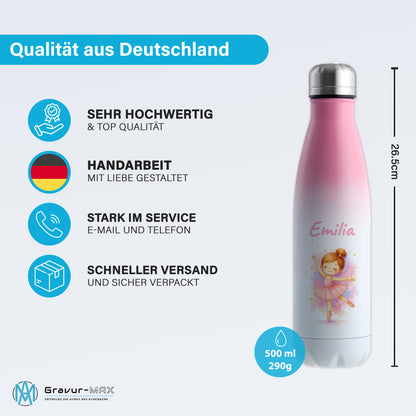 Thermoflasche 500ml in Weiß/Pink bedruckt mit tollen Motiven für Kinder "Ballerina" personalisierbar mit Wunschname