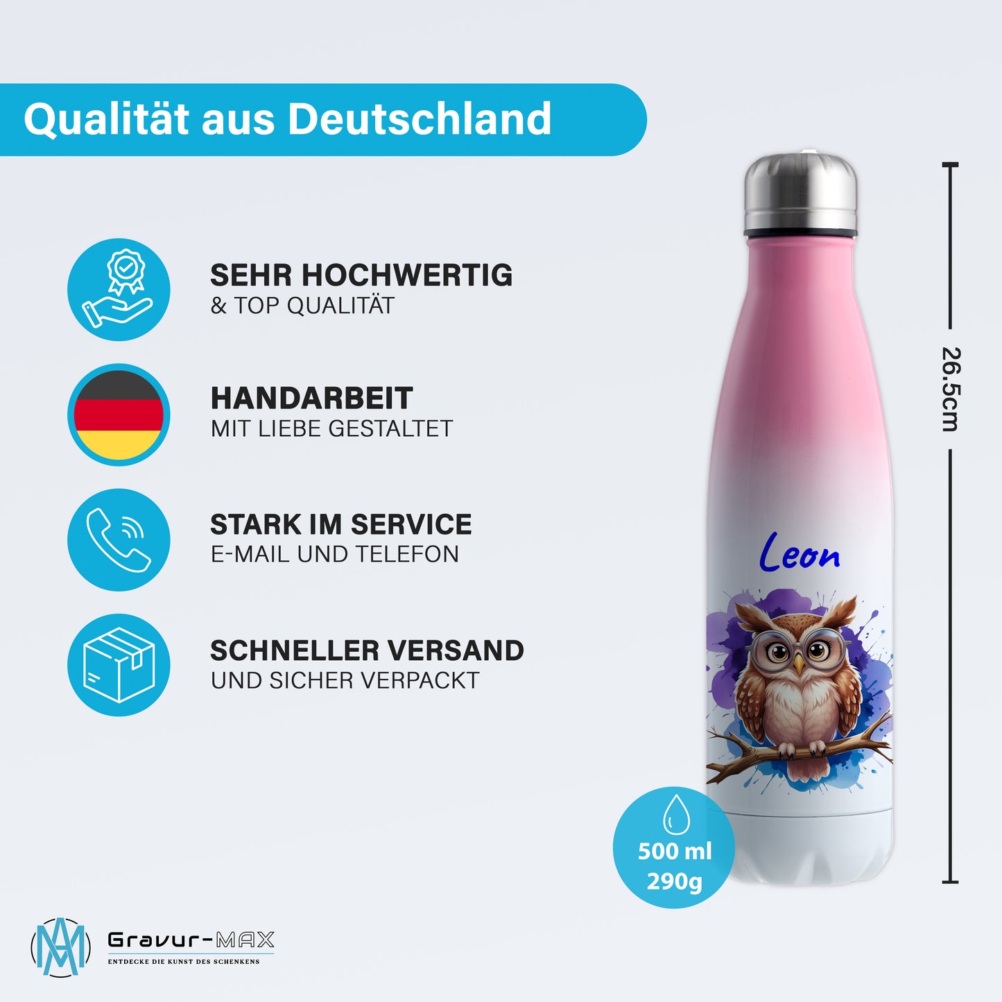 Trinkflasche in Weiß/Pink 500ml aus Edelstahl bedruckt mit niedlichen Tieren "Eule" personalisierbar für Kinder mit Wunschname