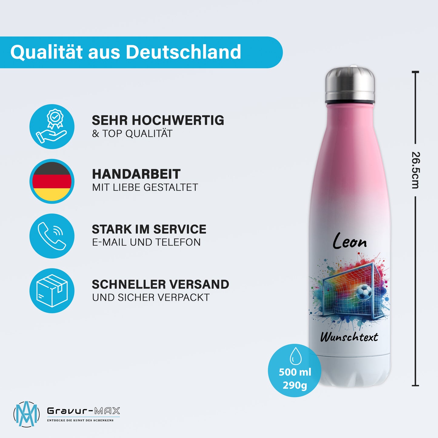 Thermoflasche 500ml in Weiß/Pink aus Edelstahl bedruckt "Fußball" Motiv5 personalisierbar mit Wunschname & Text