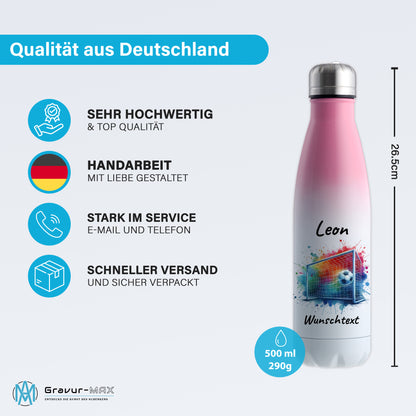 Thermoflasche 500ml in Weiß/Pink aus Edelstahl bedruckt "Fußball" Motiv5 personalisierbar mit Wunschname & Text