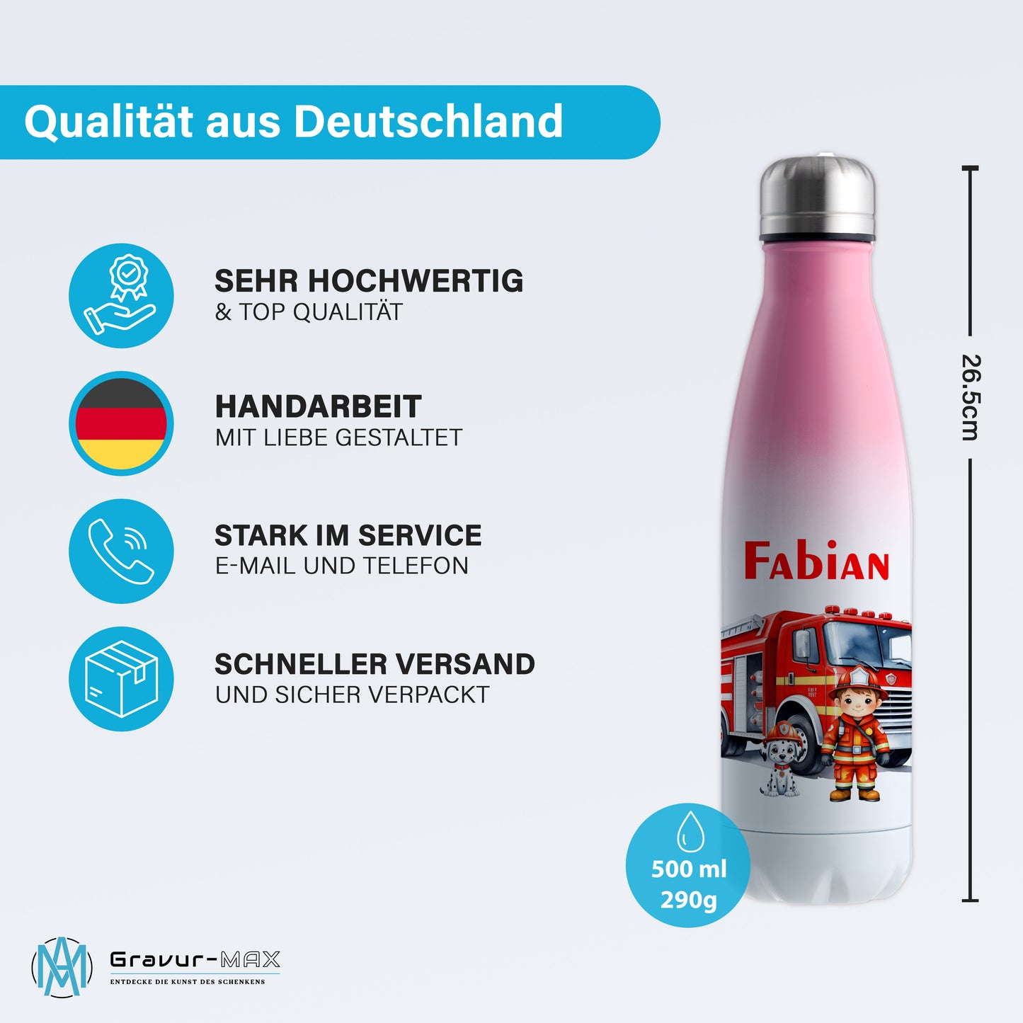 Thermoflasche 500ml in Weiß/Pink bedruckt mit tollen Motiven für Kinder "Feuerwehr" personalisierbar mit Wunschname