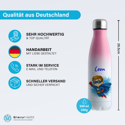Thermoflasche 500ml in Weiß/Pink bedruckt mit tollen Motiven für Kinder "Superheld" personalisierbar mit Wunschname