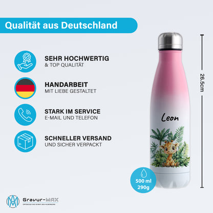 Trinkflasche mit Farbverlauf in Weiß/Pink 500ml aus Edelstahl bedruckt mit Dschungel Tieren"Giraffe" personalisierbar für Kinder mit Wunschname