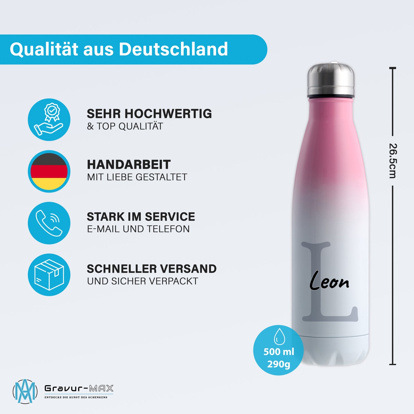 Thermoflasche 500ml aus Edelstahl in Weiß/Pink personalisierbar mit Wunschname auslaufsichere Trinkflasche