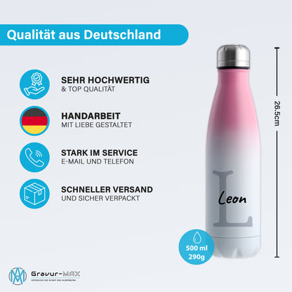 Thermoflasche 500ml aus Edelstahl in Weiß/Pink personalisierbar mit Wunschname auslaufsichere Trinkflasche