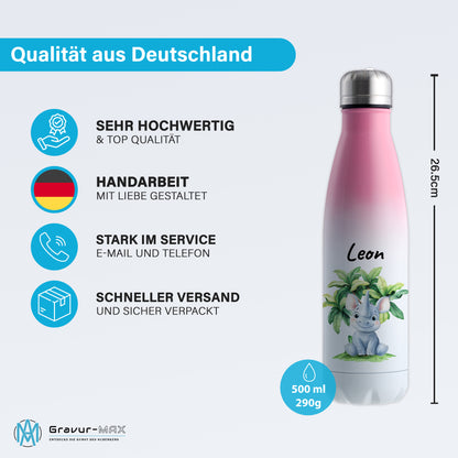 Trinkflasche mit Farbverlauf in Weiß/Pink 500ml aus Edelstahl bedruckt mit Dschungel Tieren"Nashorn" personalisierbar für Kinder mit Wunschname