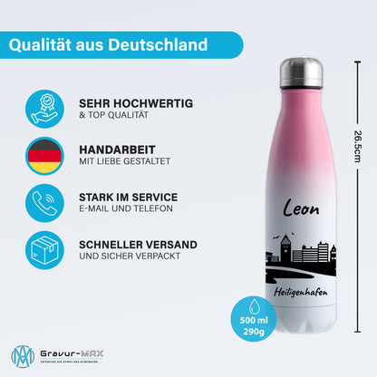 Trinkflasche in Weiß/Pink 500ml aus Edelstahl bedruckt mit der Skyline von Heiligenhafen personalisierbar mit Wunschname