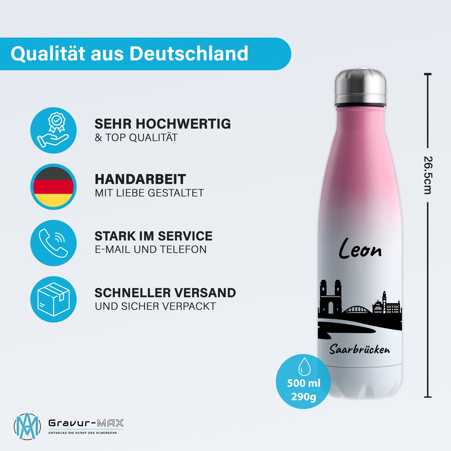 Trinkflasche in Weiß/Pink 500ml aus Edelstahl bedruckt mit der Skyline von Saarbrücken personalisierbar mit Wunschname