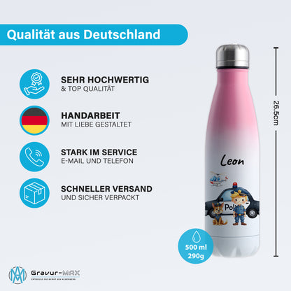 Thermoflasche 500ml in Weiß/Pink bedruckt mit tollen Motiven für Kinder "Polizei" personalisierbar mit Wunschname