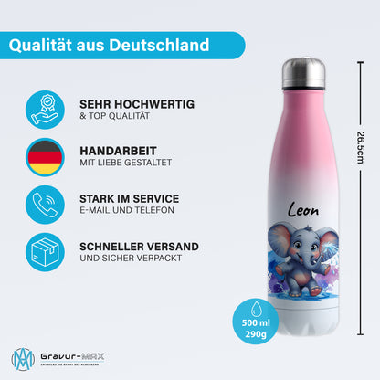 Trinkflasche in Weiß/Pink 500ml aus Edelstahl bedruckt mit niedlichen Tieren "Elefant" personalisierbar für Kinder mit Wunschname