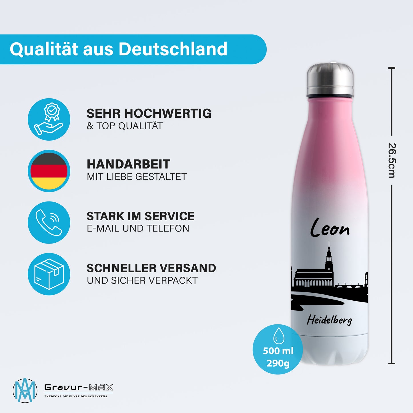 Trinkflasche in Weiß/Pink 500ml aus Edelstahl bedruckt mit der Skyline von Heidelberg personalisierbar mit Wunschname