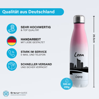 Trinkflasche in Weiß/Pink 500ml aus Edelstahl bedruckt mit der Skyline von Leipzig personalisierbar mit Wunschname