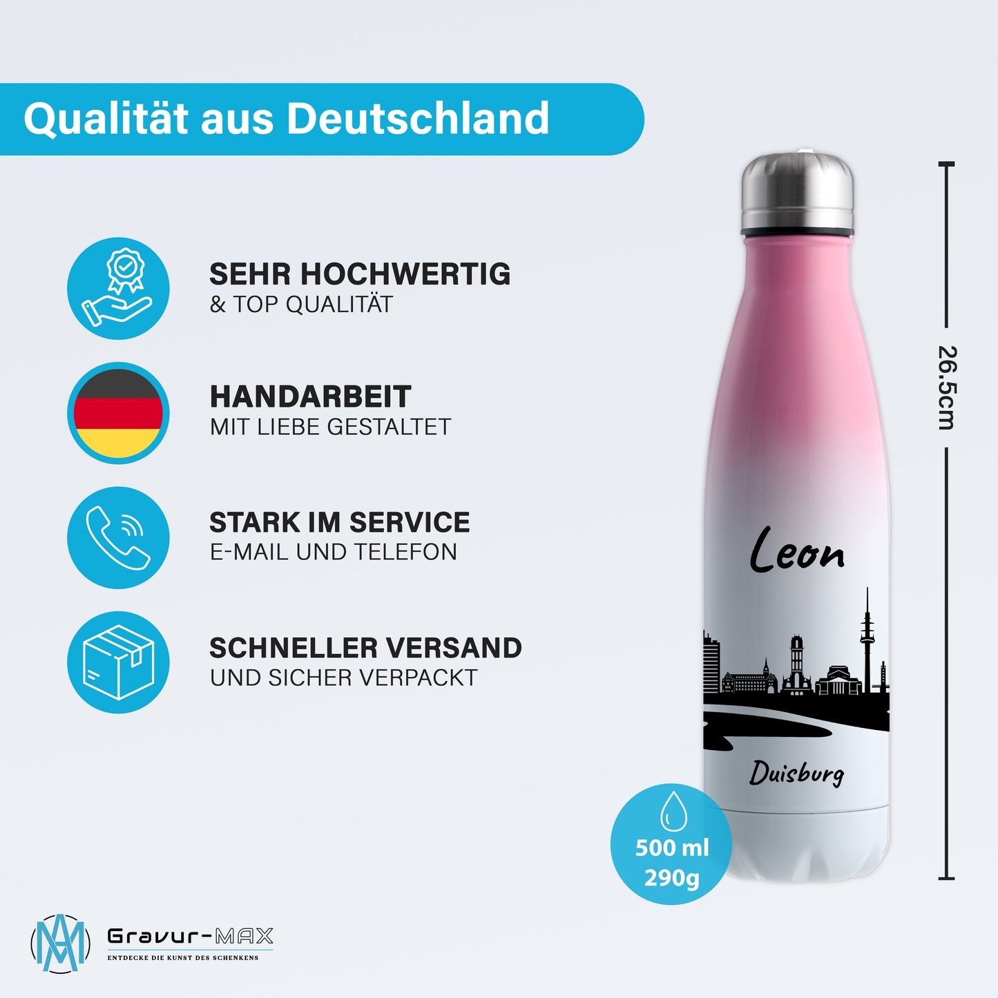 Trinkflasche in Weiß/Pink 500ml aus Edelstahl bedruckt mit der Skyline von Duisburg personalisierbar mit Wunschname