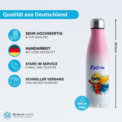Thermoflasche 500ml in Weiß/Pink bedruckt mit tollen Motiven für Kinder "Superheldin" personalisierbar mit Wunschname