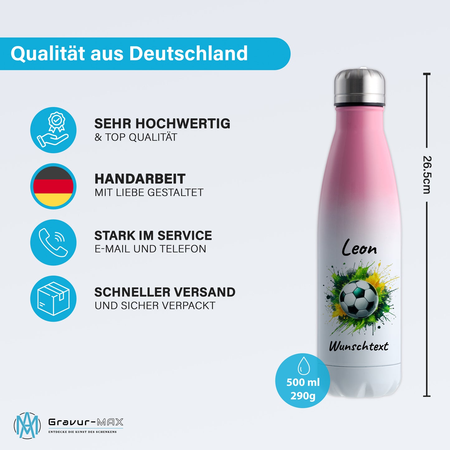 Thermoflasche 500ml in Weiß/Pink aus Edelstahl bedruckt "Fußball" Motiv11 personalisierbar mit Wunschname & Text