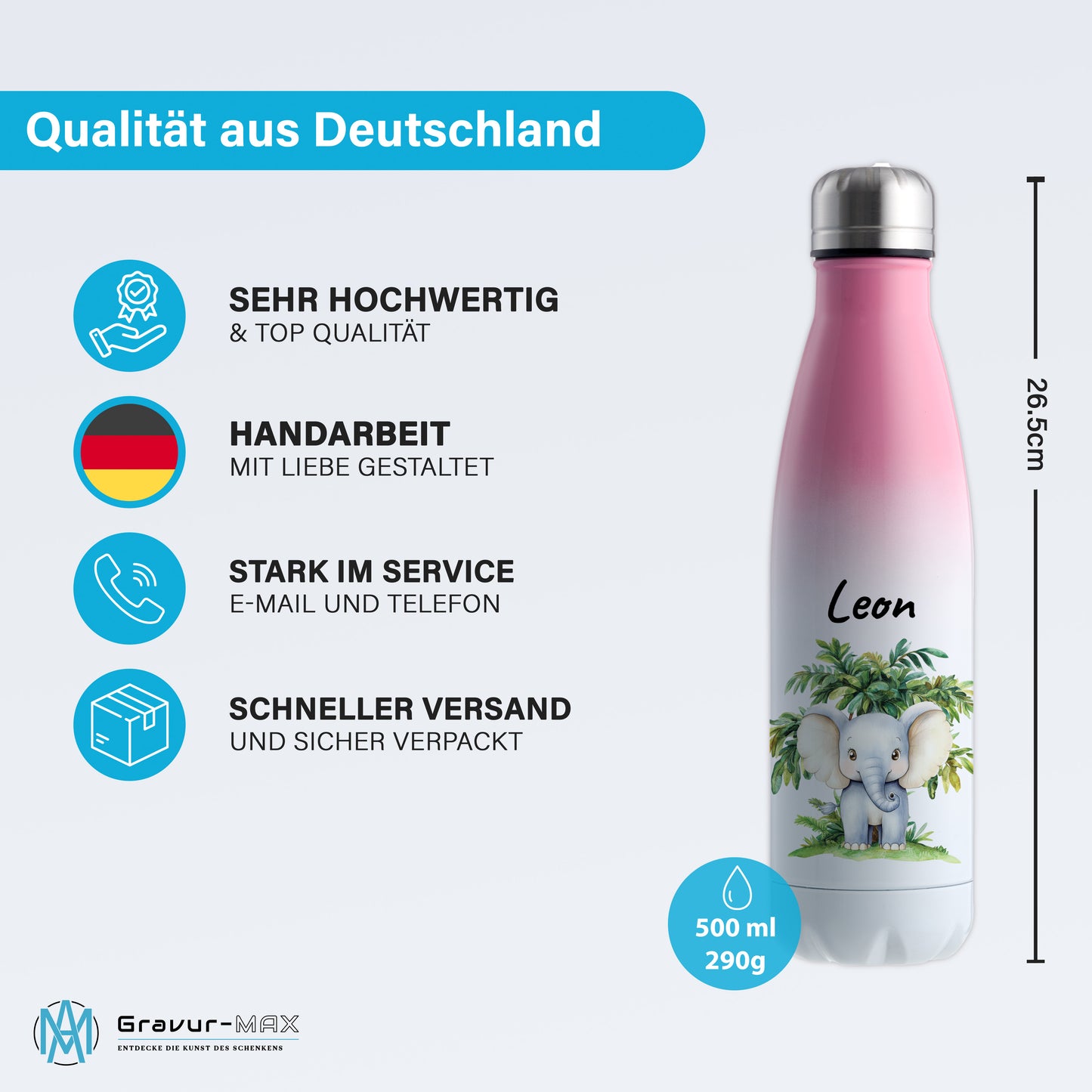 Trinkflasche mit Farbverlauf in Weiß/Pink 500ml aus Edelstahl bedruckt mit Dschungel Tieren"Elefant" personalisierbar für Kinder mit Wunschname
