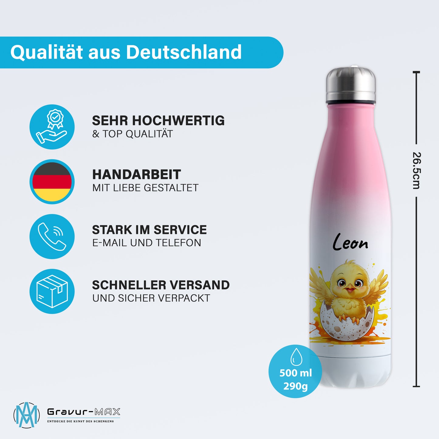 Trinkflasche in Weiß/Pink 500ml aus Edelstahl bedruckt mit niedlichen Tieren "Küken" personalisierbar für Kinder mit Wunschname