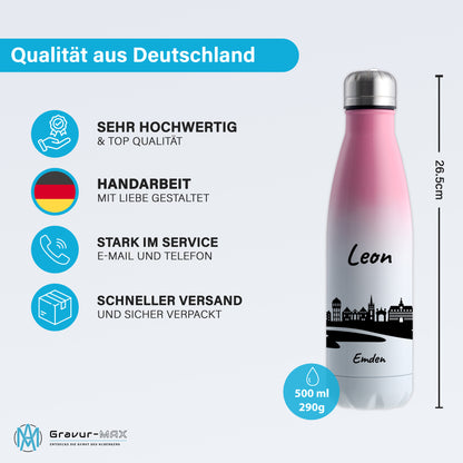 Trinkflasche in Weiß/Pink 500ml aus Edelstahl bedruckt mit der Skyline von Emden personalisierbar mit Wunschname