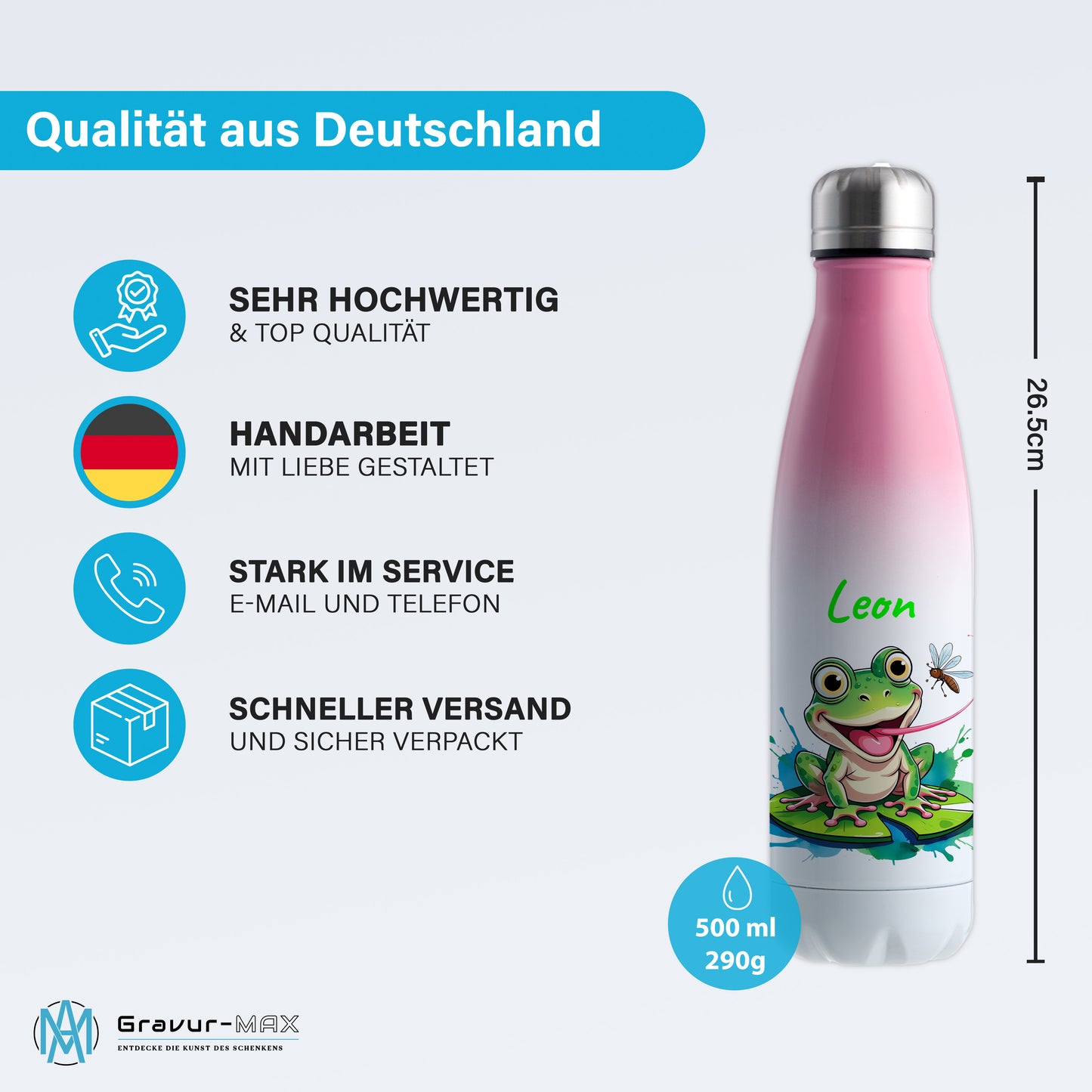 Trinkflasche in Weiß/Pink 500ml aus Edelstahl bedruckt mit niedlichen Tieren "Frosch" personalisierbar für Kinder mit Wunschname